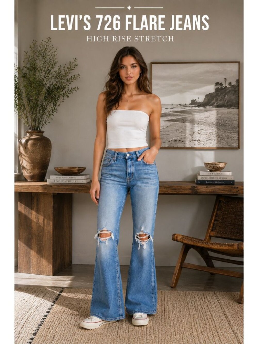 Levi's 726 Flare Jeans Sz 32 Blue Distressed High Rise Y2K Festival Stretch Boho